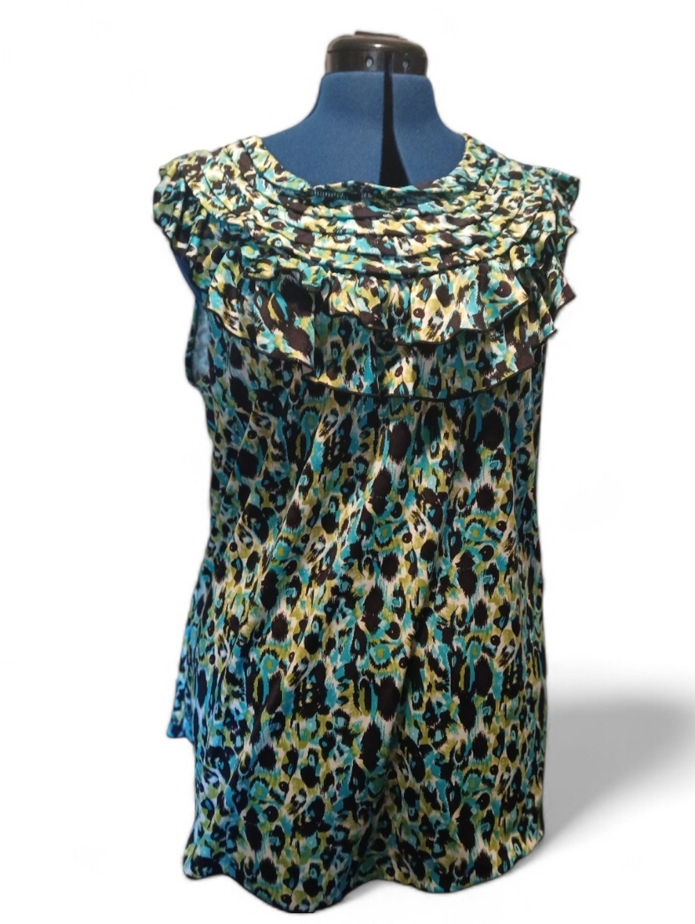 new directions Teal, Black and Cream Ruffled Animal Print Camisole